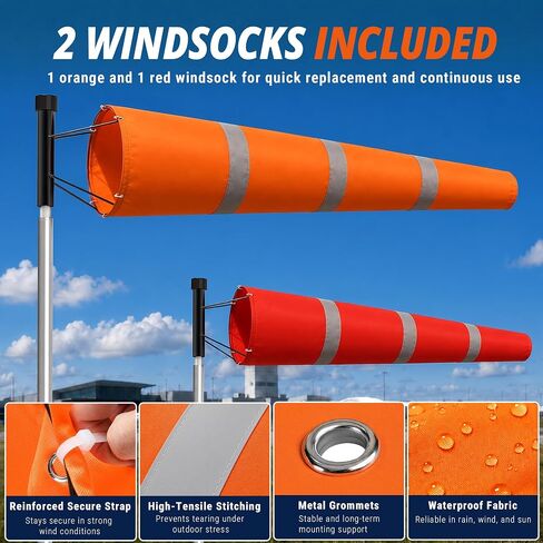 Tredre Airport Windsock Pole Kit with Swivel, 2 Wind Socks 8 x 36 in | Heavy Duty Wind Socks for Outside, Waterproof & UV-Resistant, 9Ft, No-Dig Ground Anchor for Aviation, Industrial, Agriculture in Kuwait