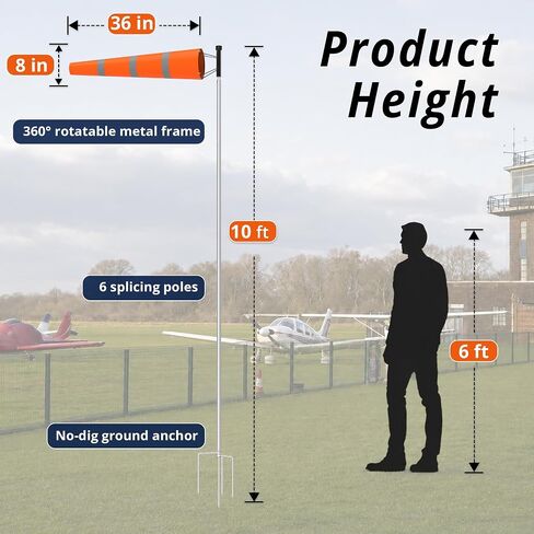 Tredre Airport Windsock Pole Kit with Swivel, 2 Wind Socks 8 x 36 in | Heavy Duty Wind Socks for Outside, Waterproof & UV-Resistant, 9Ft, No-Dig Ground Anchor for Aviation, Industrial, Agriculture in Kuwait