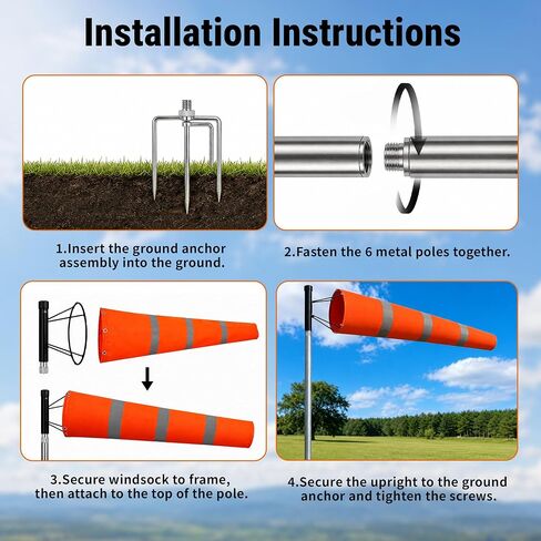Tredre Airport Windsock Pole Kit with Swivel, 2 Wind Socks 8 x 36 in | Heavy Duty Wind Socks for Outside, Waterproof & UV-Resistant, 9Ft, No-Dig Ground Anchor for Aviation, Industrial, Agriculture in Kuwait