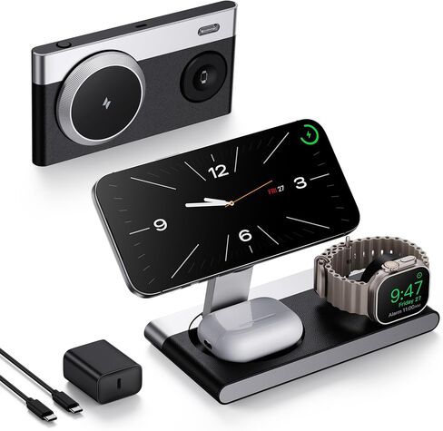 محطة شحن لاسلكية مغناطيسية 3 في 1 لأجهزة Apple، حامل شاحن لاسلكي قابل للطي لجهاز Magsafe iPhone 17 Air 16/15/14/13/12، وساعة Apple، وAirPod، وقاعدة شحن لاسلكية مع ضوء ليلي | شاحن لاسلكي مغناطيسي سريع الشحن لهاتف آيفون 17 16 15 14 in Kuwait