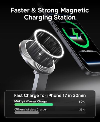 محطة شحن لاسلكية مغناطيسية 3 في 1 لأجهزة Apple، حامل شاحن لاسلكي قابل للطي لجهاز Magsafe iPhone 17 Air 16/15/14/13/12، وساعة Apple، وAirPod، وقاعدة شحن لاسلكية مع ضوء ليلي | شاحن لاسلكي مغناطيسي سريع الشحن لهاتف آيفون 17 16 15 14 in Kuwait