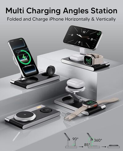 محطة شحن لاسلكية مغناطيسية 3 في 1 لأجهزة Apple، حامل شاحن لاسلكي قابل للطي لجهاز Magsafe iPhone 17 Air 16/15/14/13/12، وساعة Apple، وAirPod، وقاعدة شحن لاسلكية مع ضوء ليلي | شاحن لاسلكي مغناطيسي سريع الشحن لهاتف آيفون 17 16 15 14 in Kuwait