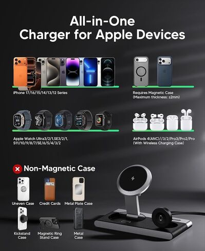 محطة شحن لاسلكية مغناطيسية 3 في 1 لأجهزة Apple، حامل شاحن لاسلكي قابل للطي لجهاز Magsafe iPhone 17 Air 16/15/14/13/12، وساعة Apple، وAirPod، وقاعدة شحن لاسلكية مع ضوء ليلي | شاحن لاسلكي مغناطيسي سريع الشحن لهاتف آيفون 17 16 15 14 in Kuwait