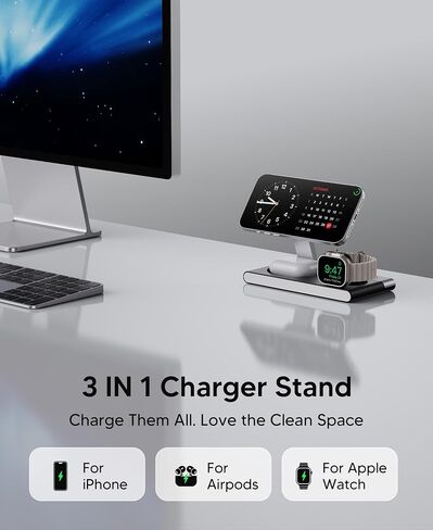 محطة شحن لاسلكية مغناطيسية 3 في 1 لأجهزة Apple، حامل شاحن لاسلكي قابل للطي لجهاز Magsafe iPhone 17 Air 16/15/14/13/12، وساعة Apple، وAirPod، وقاعدة شحن لاسلكية مع ضوء ليلي | شاحن لاسلكي مغناطيسي سريع الشحن لهاتف آيفون 17 16 15 14 in Kuwait
