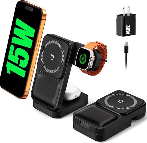 15W Travel Charging Station 3 in 1 Fast Charger Stand for Magsafe | Foldable Compact, Magnetic Wireless Charger Stand for iPhone, Phone Charging Dock for Apple Watch/AirPods(With 30W Adapter) in Saudi Arabia
