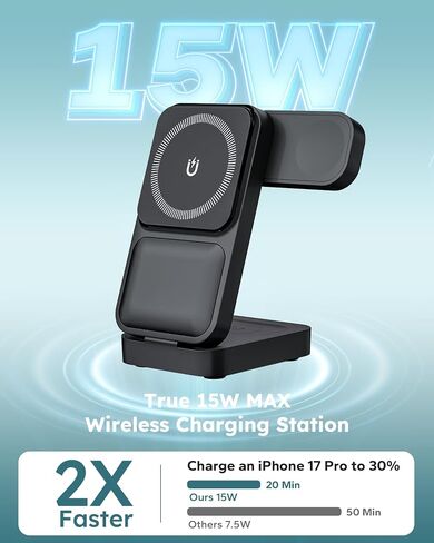 15W Travel Charging Station 3 in 1 Fast Charger Stand for Magsafe | Foldable Compact, Magnetic Wireless Charger Stand for iPhone, Phone Charging Dock for Apple Watch/AirPods(With 30W Adapter) in Saudi Arabia