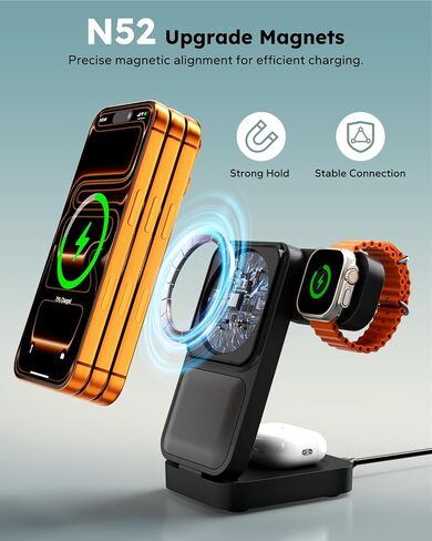 15W Travel Charging Station 3 in 1 Fast Charger Stand for Magsafe | Foldable Compact, Magnetic Wireless Charger Stand for iPhone, Phone Charging Dock for Apple Watch/AirPods(With 30W Adapter) in Saudi Arabia