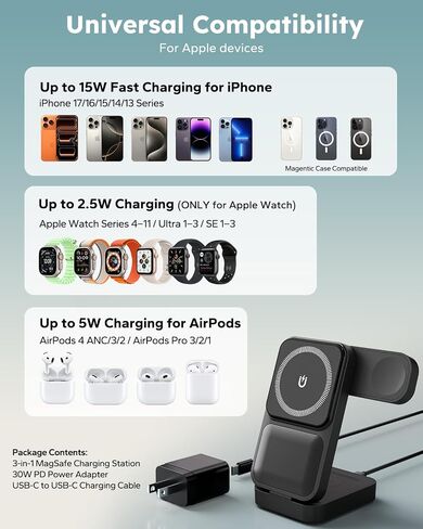 15W Travel Charging Station 3 in 1 Fast Charger Stand for Magsafe | Foldable Compact, Magnetic Wireless Charger Stand for iPhone, Phone Charging Dock for Apple Watch/AirPods(With 30W Adapter) in Saudi Arabia