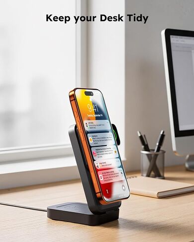 15W Travel Charging Station 3 in 1 Fast Charger Stand for Magsafe | Foldable Compact, Magnetic Wireless Charger Stand for iPhone, Phone Charging Dock for Apple Watch/AirPods(With 30W Adapter) in Saudi Arabia