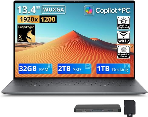 Dell XPS 13.4" WUXGA Laptop, Snapdragon X Elite X1E-80-100, 32GB RAM, 5TB Storage(4TB SSD+1TB Docking Station Set), Adreno Graphics, Backlit Keyboard, Fingerprint Reader, Copilot+PC, Win 11, Grey in Saudi Arabia