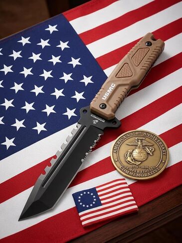 MTECH USA USMC Marines Official Licensed Fixed Blade Hunting Knife - 11" Overall Black Tanto Blade with Partial Serrations, Rugged Black Handle & Nylon (Green) in Kuwait