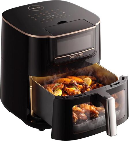 Dreame 7Qt Large Air Fryer, SmartSteam, 6-in-1, No-Flip, Ceramic Coated | 360° Airflow, Steam for Crispy & Juicy, 12 Presets, PFAS Free, Viewing Window, Compact Design, Dishwasher-Safe, AF30 Black in Saudi Arabia