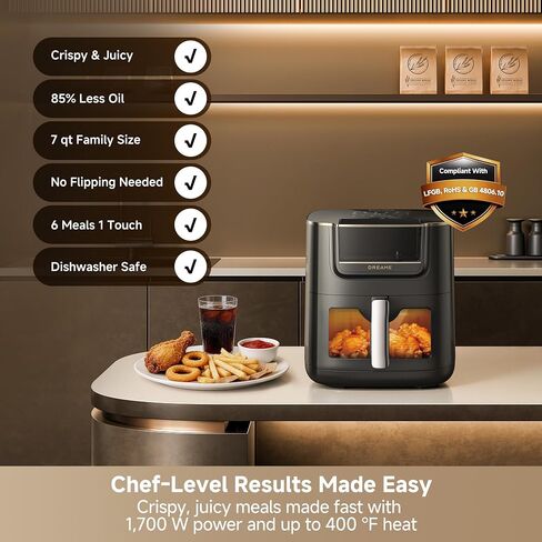 Dreame 7Qt Large Air Fryer, SmartSteam, 6-in-1, No-Flip, Ceramic Coated | 360° Airflow, Steam for Crispy & Juicy, 12 Presets, PFAS Free, Viewing Window, Compact Design, Dishwasher-Safe, AF30 Black in Saudi Arabia