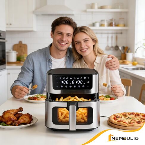 NEWBULIG Air Fryer 6.34QT Airfryer with Visible Window 400℉ Fast Heating Stainless Steel Air Fryers Oven with Nonstick and Dishwasher-Safe Basket 8-in-1 Cooking Preset with Timer Auto-Off in Saudi Arabia