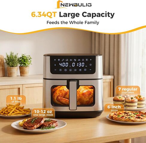 NEWBULIG Air Fryer 6.34QT Airfryer with Visible Window 400℉ Fast Heating Stainless Steel Air Fryers Oven with Nonstick and Dishwasher-Safe Basket 8-in-1 Cooking Preset with Timer Auto-Off in Saudi Arabia