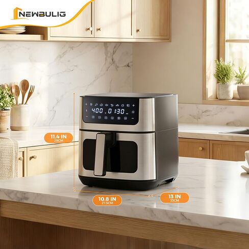 NEWBULIG Air Fryer 6.34QT Airfryer with Visible Window 400℉ Fast Heating Stainless Steel Air Fryers Oven with Nonstick and Dishwasher-Safe Basket 8-in-1 Cooking Preset with Timer Auto-Off in Saudi Arabia