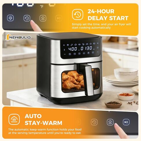 NEWBULIG Air Fryer 6.34QT Airfryer with Visible Window 400℉ Fast Heating Stainless Steel Air Fryers Oven with Nonstick and Dishwasher-Safe Basket 8-in-1 Cooking Preset with Timer Auto-Off in Saudi Arabia