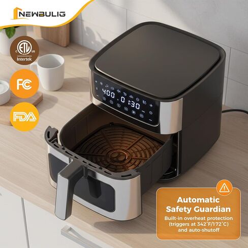 NEWBULIG Air Fryer 6.34QT Airfryer with Visible Window 400℉ Fast Heating Stainless Steel Air Fryers Oven with Nonstick and Dishwasher-Safe Basket 8-in-1 Cooking Preset with Timer Auto-Off in Saudi Arabia