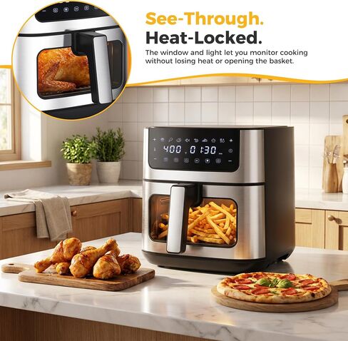 NEWBULIG Air Fryer 6.34QT Airfryer with Visible Window 400℉ Fast Heating Stainless Steel Air Fryers Oven with Nonstick and Dishwasher-Safe Basket 8-in-1 Cooking Preset with Timer Auto-Off in Saudi Arabia