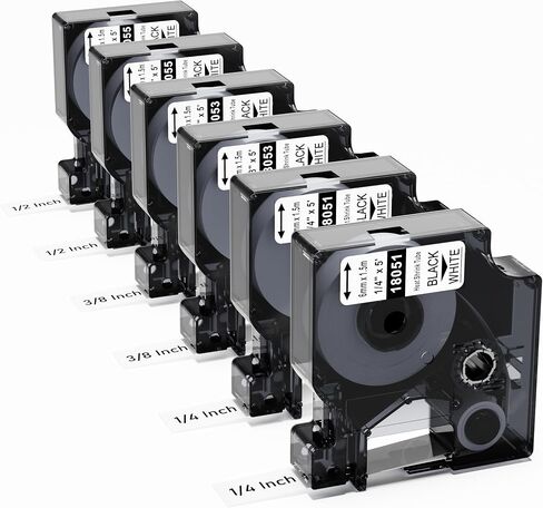 Rhino 5200 4200 Heat Shrink Label 1/4 3/8 1/2 Inch Compatible with Dymo | 18051 18053 18055 Heat Shrink Tube Tape Compatible with Dymo Rhino 5000, 6000, 6500 Label Maker Refills Black on White, 6 Pk in Saudi Arabia