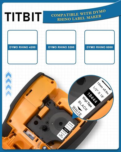 شريط ملصقات الفينيل الدائم TITBIT 18444 1/2 بوصة 5 عبوات | شريط ملصقات Rhino 5200 متوافق مع DYMO Rhino 18444 Fit Rhino 4200 5000 6000 6500 صانع الملصقات الصناعية، 12 مم أبيض in Kuwait