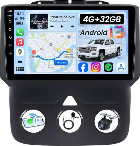 4 + 64G ROM Upgrade Car Radio for Dodge RAM 1500 2500 2013-2018 | 1280 * 800P IPS Touchscreen Stereo with Wireless Carplay Android Auto 5G WIFI Bluetooth Backup Camera GPS FM EQ SWC in Kuwait