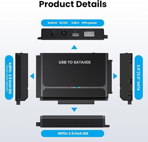 USB 3.0&Type C to SATA IDE Adapter Hard Drive Reader for 2.5" 3.5" HDD/SSD | External Data Transfer Recovery Converter for Hard Drive Disk Hard Drive Adapter Included 12V/2A Power Supply up to 6TB in Saudi Arabia