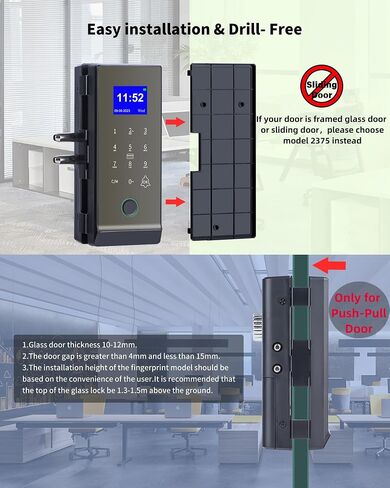 Smart Glass Door Lock,Fingerprint Keyboard Remote Pin LG2315 with App Glass Door Locks,Drill-Free Door Lock Security,Great for Office,Home,Hotel,Apartment,Store in Kuwait