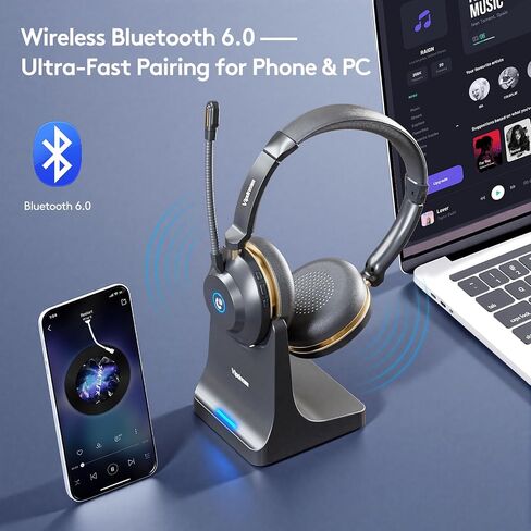 Wireless Headset With Microphone, Bluetooth 5.3 Headset With 45H Battery | Bluetooth 5.3, 45H Talk Time, Mute Button, Charging Base, Protein Leather Cushions for Work Calls and Online Meetings in Saudi Arabia