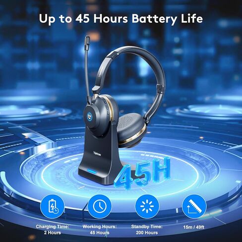 Wireless Headset With Microphone, Bluetooth 5.3 Headset With 45H Battery | Bluetooth 5.3, 45H Talk Time, Mute Button, Charging Base, Protein Leather Cushions for Work Calls and Online Meetings in Saudi Arabia
