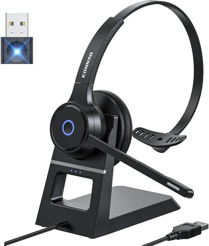 Bluetooth Headset with AI Noise Cancelling Microphone, V5.3 Wireless Headphones with USB Dongle, Charging Station, Microphone Mute Switch, Wireless Headsets for Work in Saudi Arabia