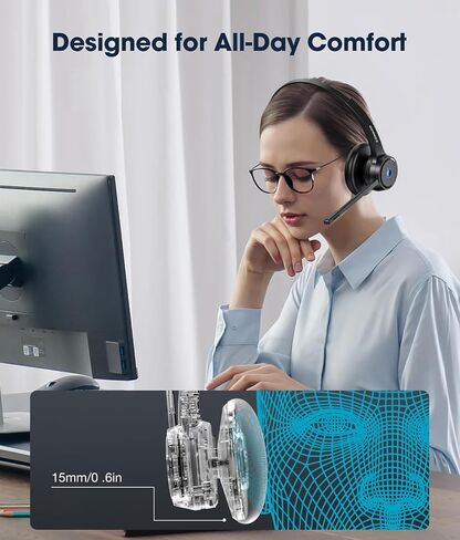 Bluetooth Headset with AI Noise Cancelling Microphone, V5.3 Wireless Headphones with USB Dongle, Charging Station, Microphone Mute Switch, Wireless Headsets for Work in Saudi Arabia