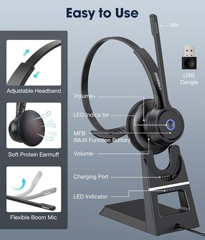 Bluetooth Headset with AI Noise Cancelling Microphone, V5.3 Wireless Headphones with USB Dongle, Charging Station, Microphone Mute Switch, Wireless Headsets for Work in Saudi Arabia