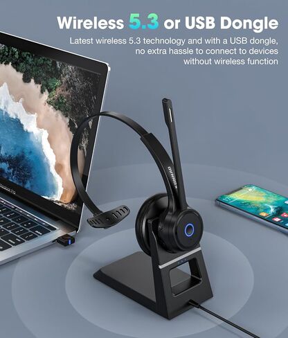 Bluetooth Headset with AI Noise Cancelling Microphone, V5.3 Wireless Headphones with USB Dongle, Charging Station, Microphone Mute Switch, Wireless Headsets for Work in Saudi Arabia