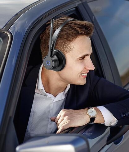 Bluetooth Headset with AI Noise Cancelling Microphone, V5.3 Wireless Headphones with USB Dongle, Charging Station, Microphone Mute Switch, Wireless Headsets for Work in Saudi Arabia