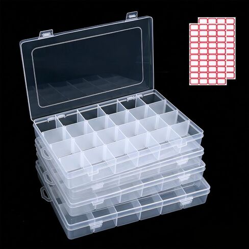 2pack 24-Grid Clear Plastic Bead Organizer Box with Adjustable Dividers | Clear Storage, 2 Label Stickers, Perfect for Craft Buttons, Fishing Tackles, Hair Accessories, Small Parts Organization in Kuwait