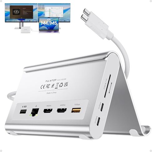 محطة إرساء MacBook بشاشة مزدوجة 4K@60 هرتز، PD100W، صوت للمكتب المنزلي | حامل كمبيوتر محمول عمودي من PULWTOP مع 2 HDMI و10 جيجابت في الثانية USB-C/A وEthernet وSD/TF وUSB C Dock لجهاز MacBook Pro/Air M4/M5 - منتصف الليل in Kuwait