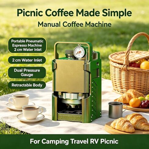 Portable Espresso Machine, Pneumatic Coffee Maker, Manual Outdoor Coffee Brewer With Dual Pressure Gauge, Retractable Aluminum Body, Detachable Design, Shockproof Case For Camping Travel Rv in Saudi Arabia
