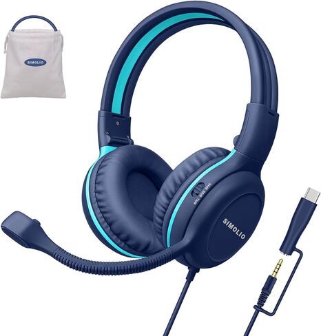 SIMOLIO-USB-C-Wired-Headphone for-School with Boom-Microphone & Mute Button | Portable Over-Ear Kids Gaming Headsets with 3 Level Safe Volume,Bag for Students K12,Boys,Travel,iPad,Galaxy,iPhone,Tablet in Saudi Arabia