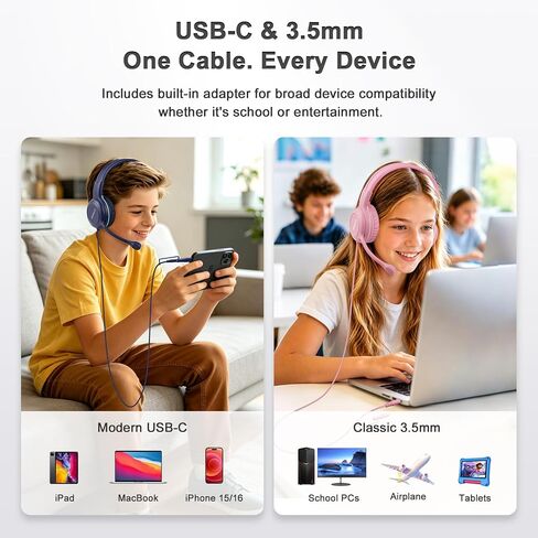 SIMOLIO-USB-C-Wired-Headphone for-School with Boom-Microphone & Mute Button | Portable Over-Ear Kids Gaming Headsets with 3 Level Safe Volume,Bag for Students K12,Boys,Travel,iPad,Galaxy,iPhone,Tablet in Saudi Arabia