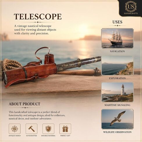32" Ship Captain Brass Telescope with Spyglass & Leather Case | Handmade Vintage Nautical Decor, Antique Maritime Collectible, Functional Telescope for Sailors, Explorers & Collectors in Saudi Arabia