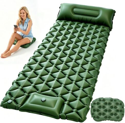 Self Inflating Sleeping Pad for Camping with Seat Cushion, Single, Green | Ultralight Inflatable Camping Mattress,Equipped with Built-in Foot Pump&Pillow,Portable for Backpacking Hiking,Travel,Tent in Saudi Arabia