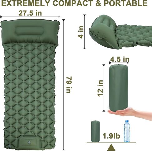 Self Inflating Sleeping Pad for Camping with Seat Cushion, Single, Green | Ultralight Inflatable Camping Mattress,Equipped with Built-in Foot Pump&Pillow,Portable for Backpacking Hiking,Travel,Tent in Saudi Arabia