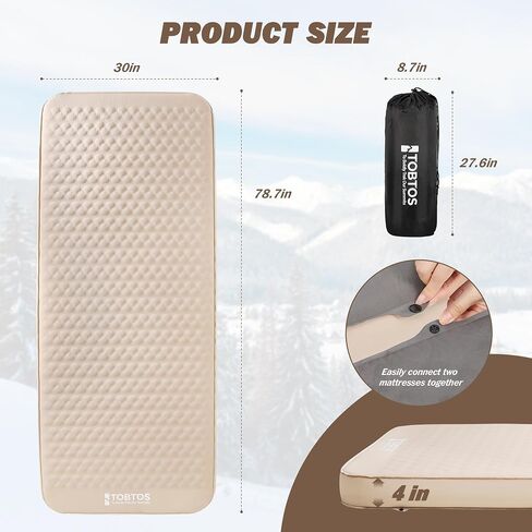 TOBTOS 4" Thick Self Inflating Sleeping Pad with Electric Pump | 60s Inflate, Ultra-Compressible Compact Foam, Insulated Sleeping Mat, For Tent, Car, Camping in Saudi Arabia