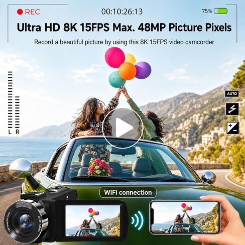 MURAUX 8K Video Camera, 48MP Camcorder with IR Night Vision for YouTube | 15FPS UHD Recording, WiFi Transfer, 18X Digital Zoom, Fill Light, Mic, Stabilizer, Lens Hood, Remote, 2 Batteries in Saudi Arabia