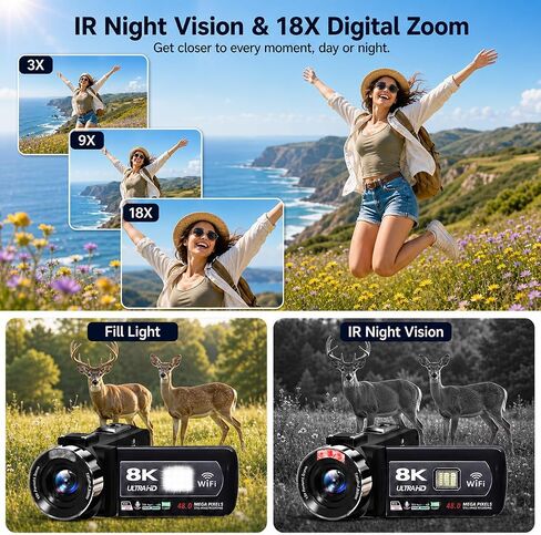 MURAUX 8K Video Camera, 48MP Camcorder with IR Night Vision for YouTube | 15FPS UHD Recording, WiFi Transfer, 18X Digital Zoom, Fill Light, Mic, Stabilizer, Lens Hood, Remote, 2 Batteries in Saudi Arabia