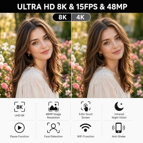 MURAUX 8K Video Camera, 48MP Camcorder with IR Night Vision for YouTube | 15FPS UHD Recording, WiFi Transfer, 18X Digital Zoom, Fill Light, Mic, Stabilizer, Lens Hood, Remote, 2 Batteries in Saudi Arabia