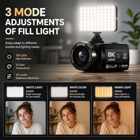 MURAUX 8K Video Camera, 48MP Camcorder with IR Night Vision for YouTube | 15FPS UHD Recording, WiFi Transfer, 18X Digital Zoom, Fill Light, Mic, Stabilizer, Lens Hood, Remote, 2 Batteries in Saudi Arabia
