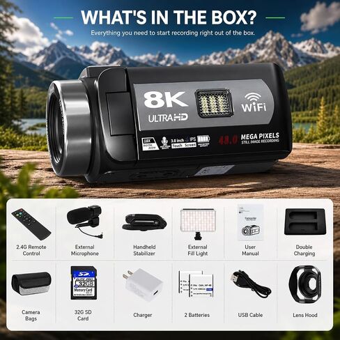 MURAUX 8K Video Camera, 48MP Camcorder with IR Night Vision for YouTube | 15FPS UHD Recording, WiFi Transfer, 18X Digital Zoom, Fill Light, Mic, Stabilizer, Lens Hood, Remote, 2 Batteries in Saudi Arabia