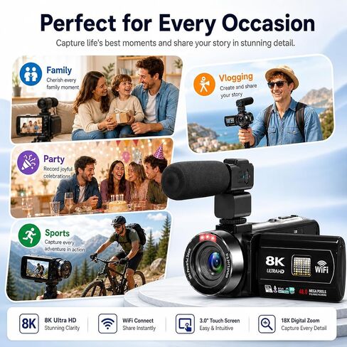 MURAUX 8K Video Camera, 48MP Camcorder with IR Night Vision for YouTube | 15FPS UHD Recording, WiFi Transfer, 18X Digital Zoom, Fill Light, Mic, Stabilizer, Lens Hood, Remote, 2 Batteries in Saudi Arabia